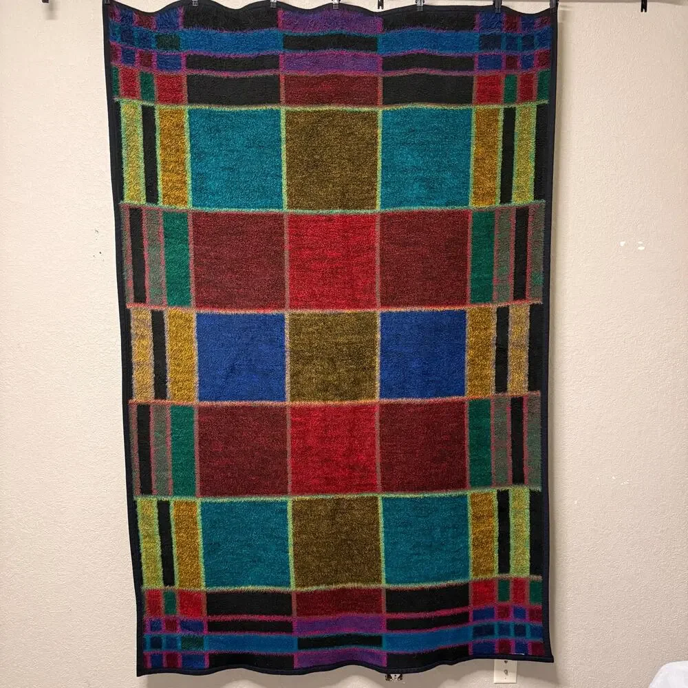 Vtg Biederlack stained glass window throw blanket - multicolored window pane